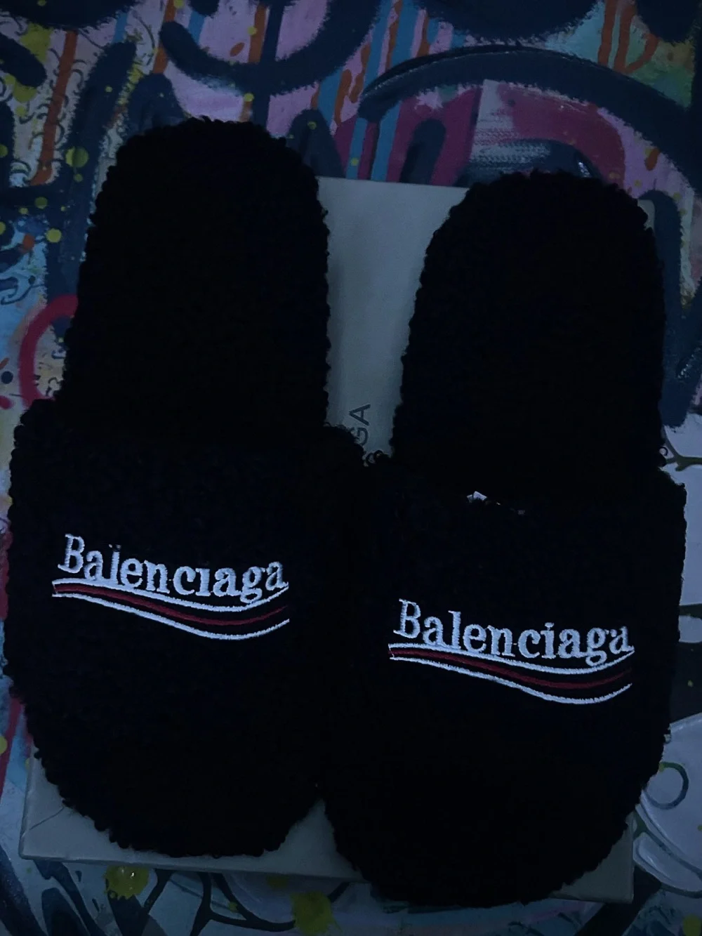 Balenciaga Black Shearling Logo Slippers with White & Red Embroidery